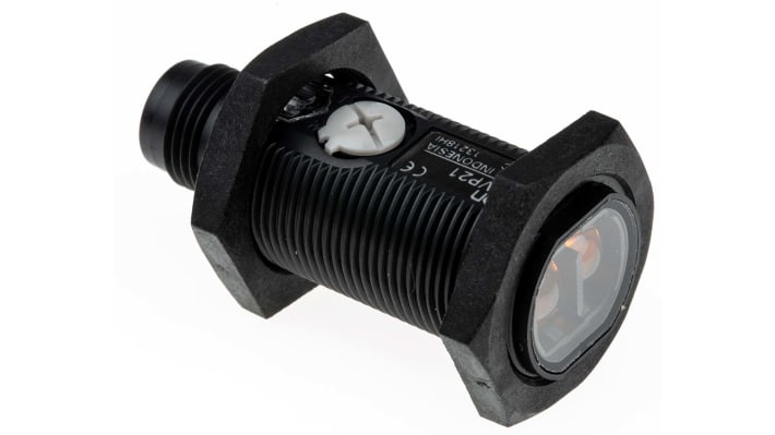 Sensore fotoelettrico cilindrico Omron E3FAVP21, rilevamento 10-50 mm, uscita PNP, connettore M12, grado di protezione IP67/IP69K.