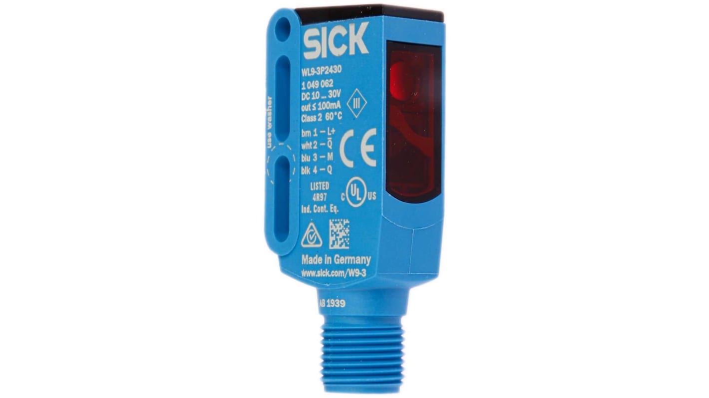 Sensore fotoelettrico rettangolare Sick WL9-3P2430 a retroriflessione, rilevamento fino a 4 m, montaggio a pannello, IP66/IP67/IP69K.