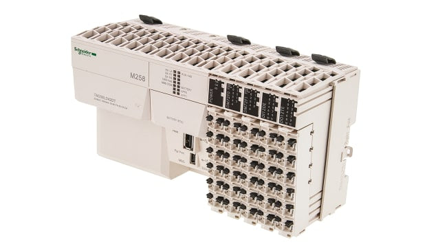 Schneider Electric TM258LD42DT, CPU PLC Modicon M258, 26 ingressi e 16 uscite, montaggio su guida DIN, dimensioni 175 x 99 x 85 mm.
