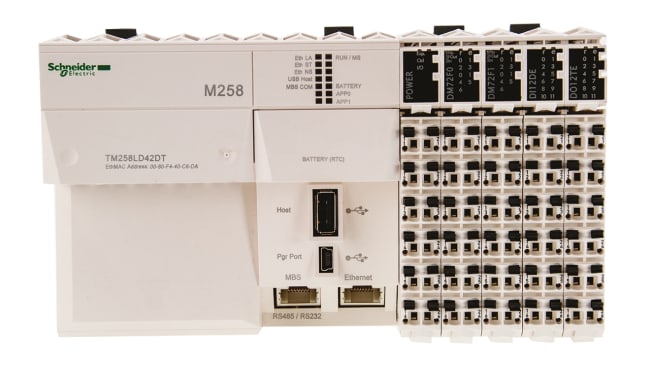 Schneider Electric TM258LD42DT, CPU PLC Modicon M258, 26 ingressi e 16 uscite, montaggio su guida DIN, dimensioni 175 x 99 x 85 mm.