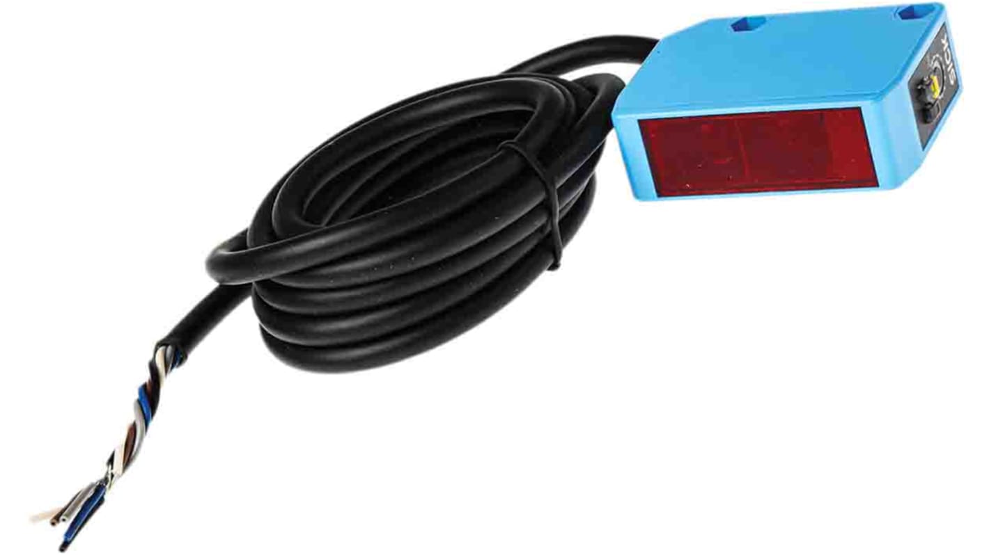 Sensore fotoelettrico rettangolare Sick WL250-2R1531, retro-riflettente, rilevamento 100 mm a 15 m, IP67, montaggio a pannello.