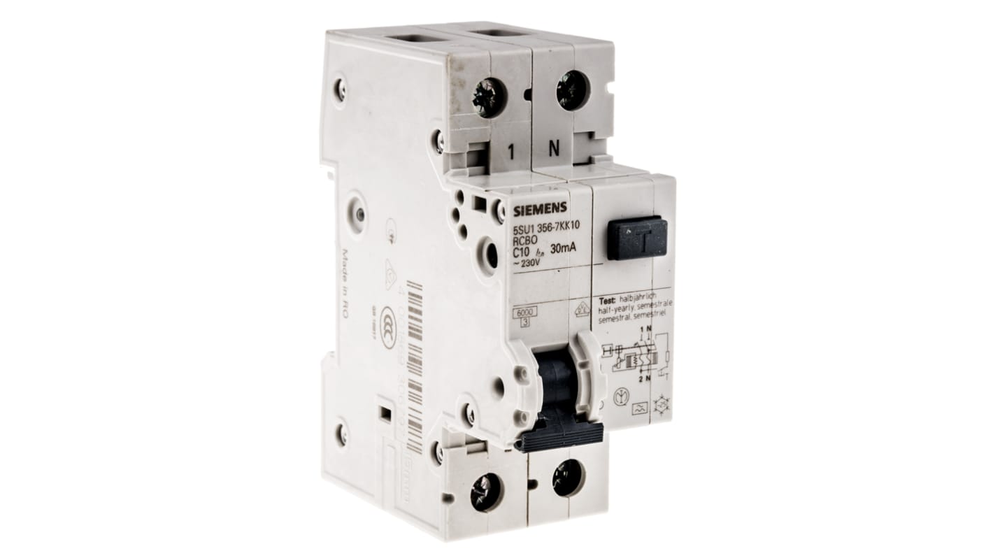 Interruttore differenziale Siemens 5SU1356-7KK10, 1P+N, 10A, montaggio DIN, dimensioni 90x36x77mm, sensibilità 30mA.