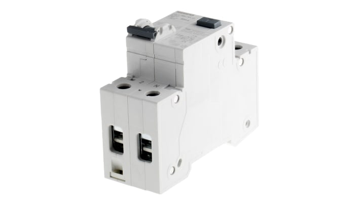 Interruttore differenziale Siemens 5SU1356-7KK10, 1P+N, 10A, montaggio DIN, dimensioni 90x36x77mm, sensibilità 30mA.