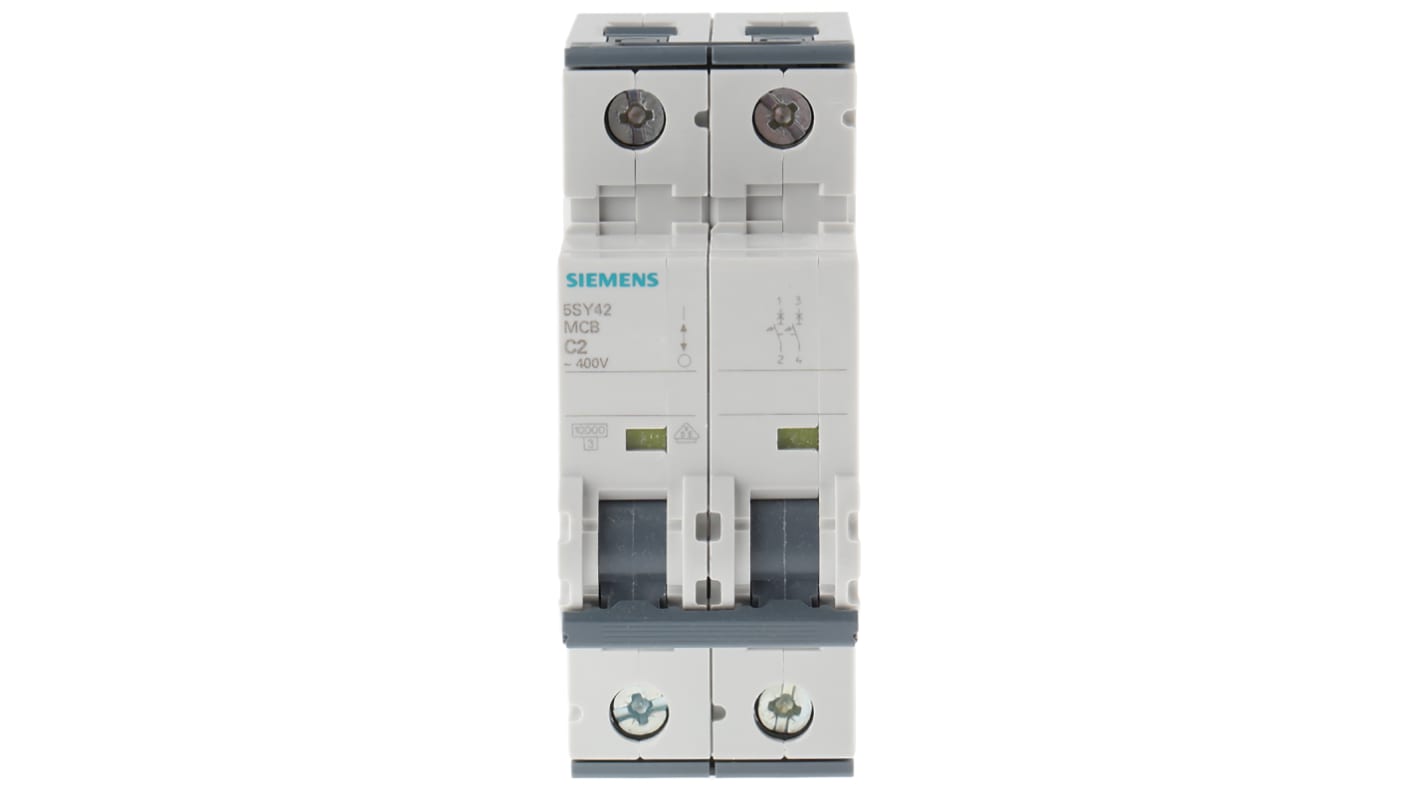 Interruttore magnetotermico Siemens 5SY4202-7 MCB 2P 2A 10 kA, Tipo C - Protezione da sovraccarichi e cortocircuiti su guida DIN - Adatto ad ambienti industriali e residenziali.