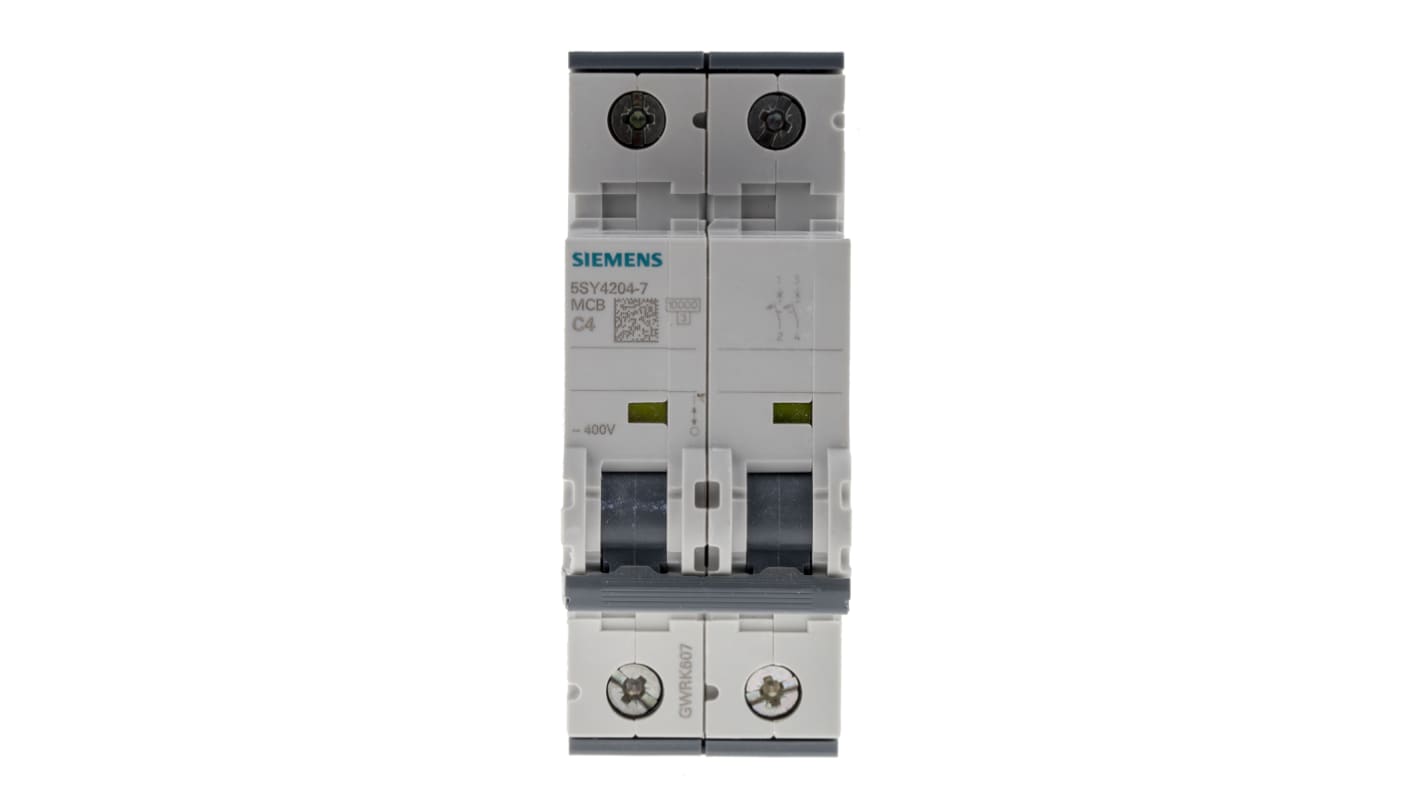 Interruttore magnetotermico Siemens 5SY4204-7 2P 4A DIN 14-4 AWG per protezione circuiti a bassa corrente. Montaggio su guida DIN, capacità di interruzione 10 kA.