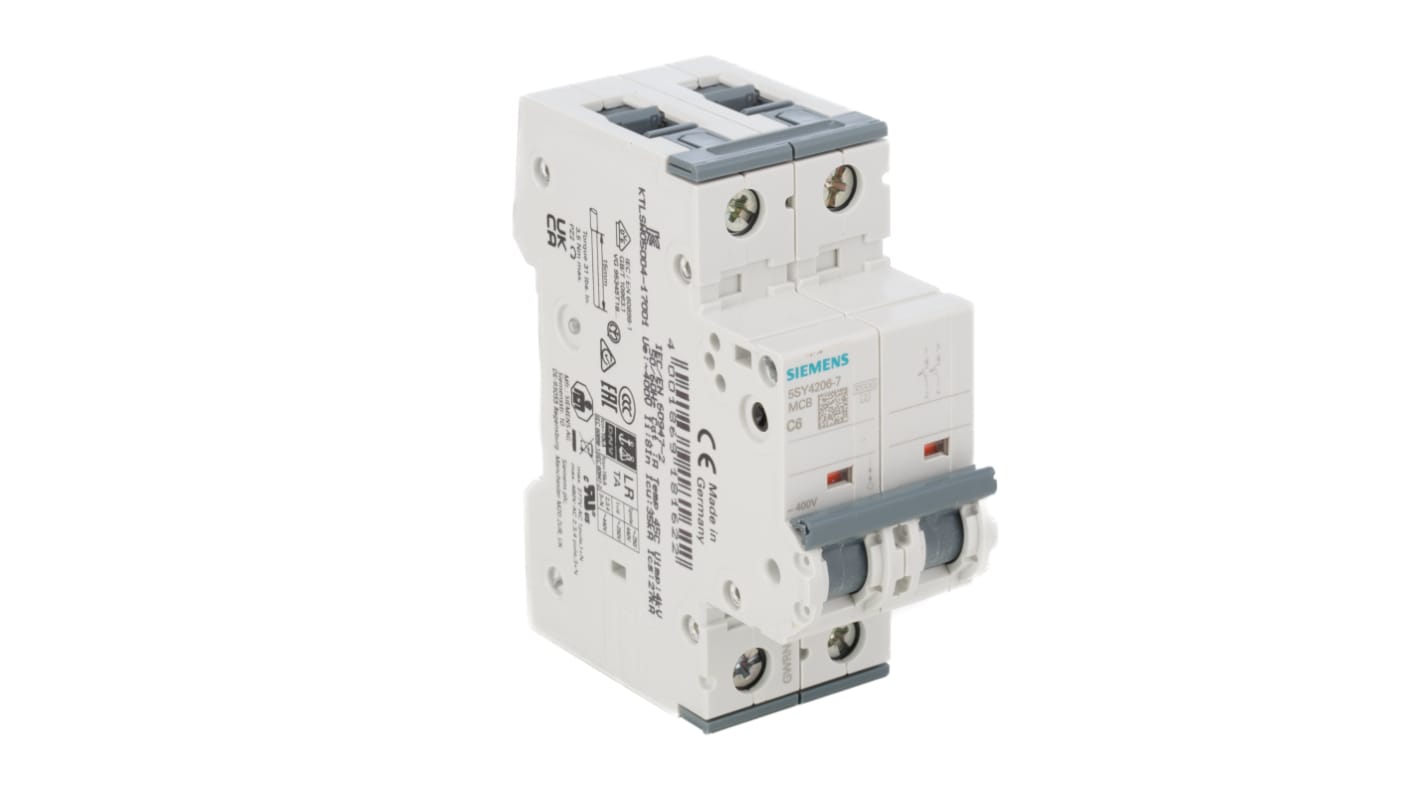 Interruttore magnetotermico Siemens 2P 6A 10 kA, Tipo C -40 °C a +70 °C. Protezione per circuiti industriali vicino a macchinari in movimento. Resistente agli urti e alle vibrazioni, montaggio su guida DIN.