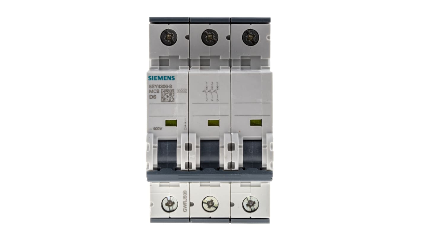 Interruttore magnetotermico Siemens 3P 6A 10 kA, Tipo D (5SY4306-8) per sicurezza e affidabilità. Ideale per uso industriale e residenziale, montaggio su guida DIN.
