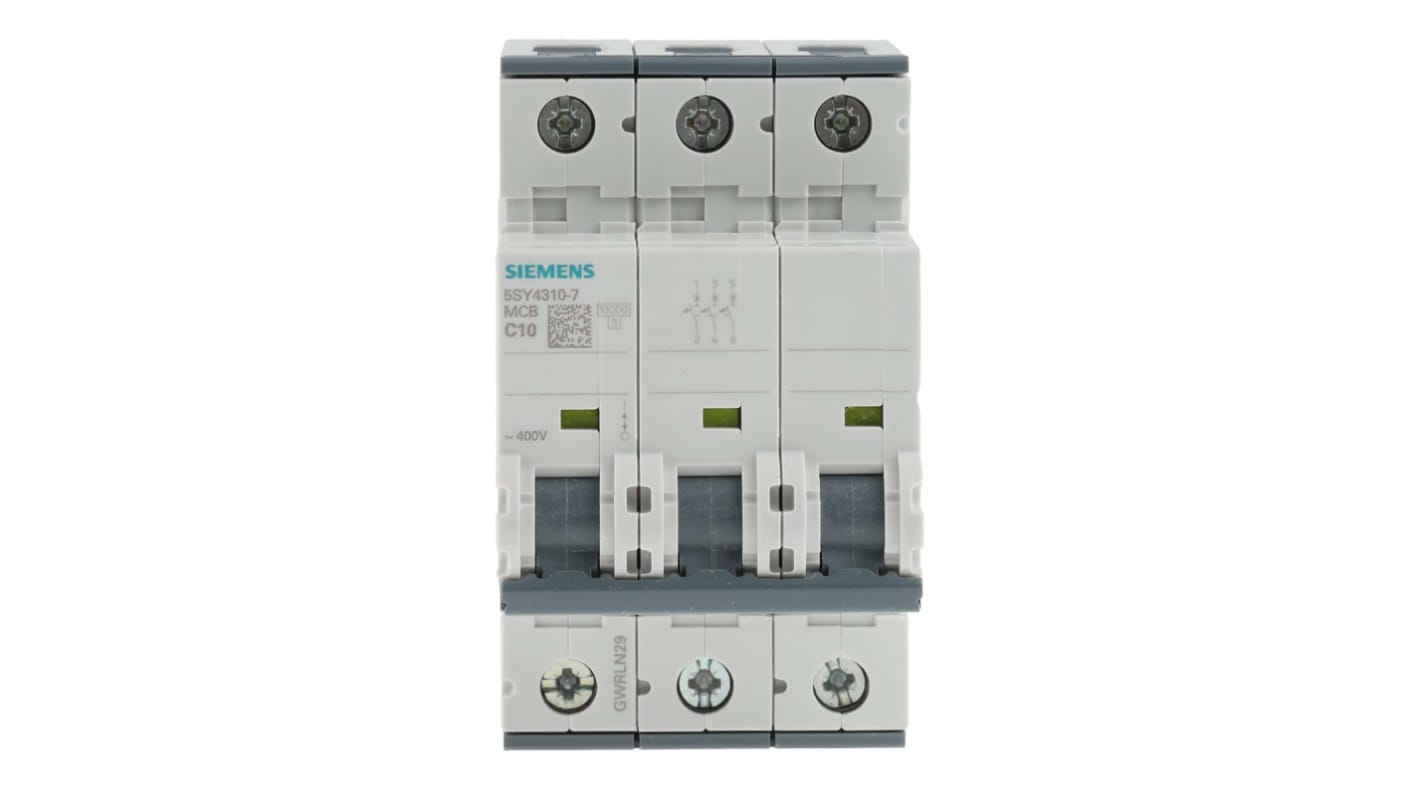 Interruttore magnetotermico Siemens 5SY4310-7, 3P 10A 10 kA, Tipo C per protezione in ambienti industriali. Resistente agli urti, montaggio su guida DIN, ideale per sovracorrenti elevate.