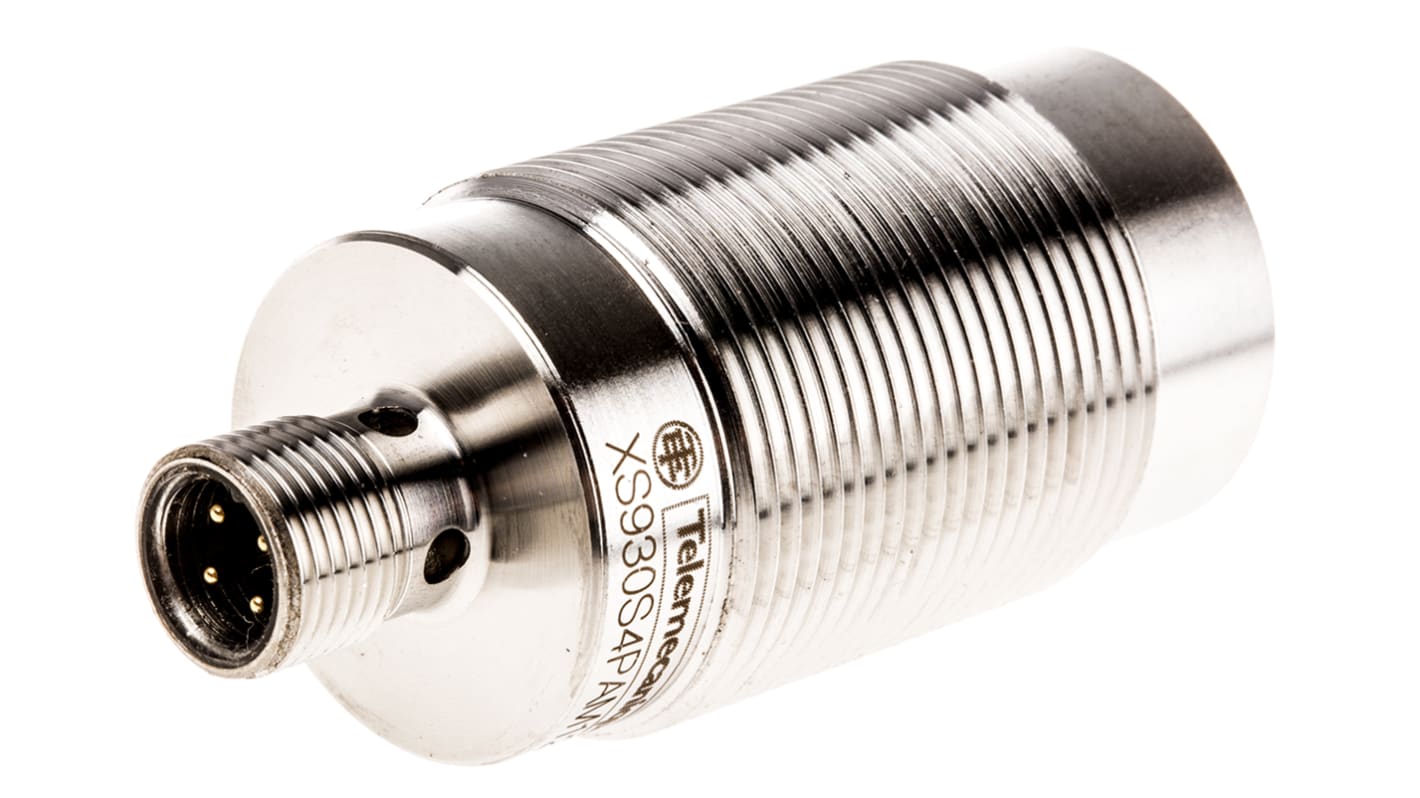 Sensore di prossimità cilindrico PNP Telemecanique Sensors XS930S4PAM12, M30, rilevamento 40 mm, IP68/IP69K, acciaio inox.