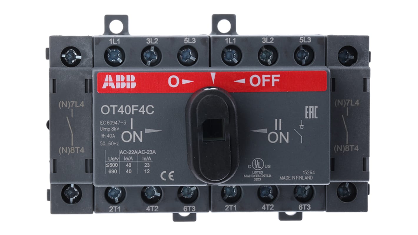 Interruttore di isolamento ABB OT40F4C, 4 poli, 40 A, montaggio su guida DIN, dimensioni 68 x 96 x 68 mm, grado di protezione IP20.