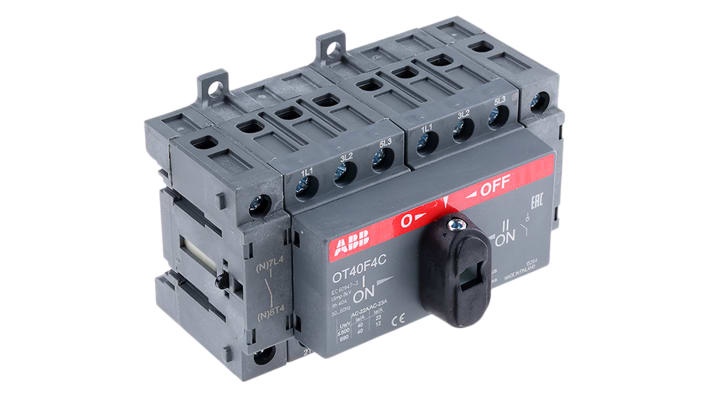Interruttore di isolamento ABB OT40F4C, 4 poli, 40 A, montaggio su guida DIN, dimensioni 68 x 96 x 68 mm, grado di protezione IP20.