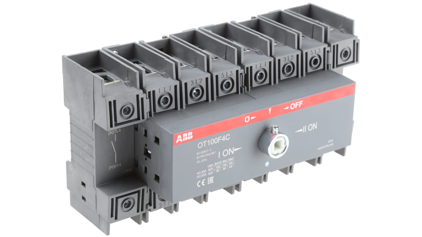Interruttore di isolamento ABB OT100F4C, 4 poli, 100A, montaggio su guida DIN, per centri di controllo motori.