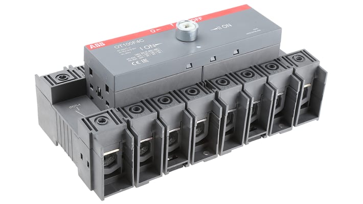 Interruttore di isolamento ABB OT100F4C, 4 poli, 100A, montaggio su guida DIN, per centri di controllo motori.
