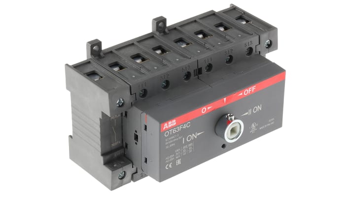 Interruttore sezionatore ABB OT63F4C, manuale, 4 poli, 63A, montaggio su guida DIN, dimensioni 140x92x85 mm, protezione IP20.