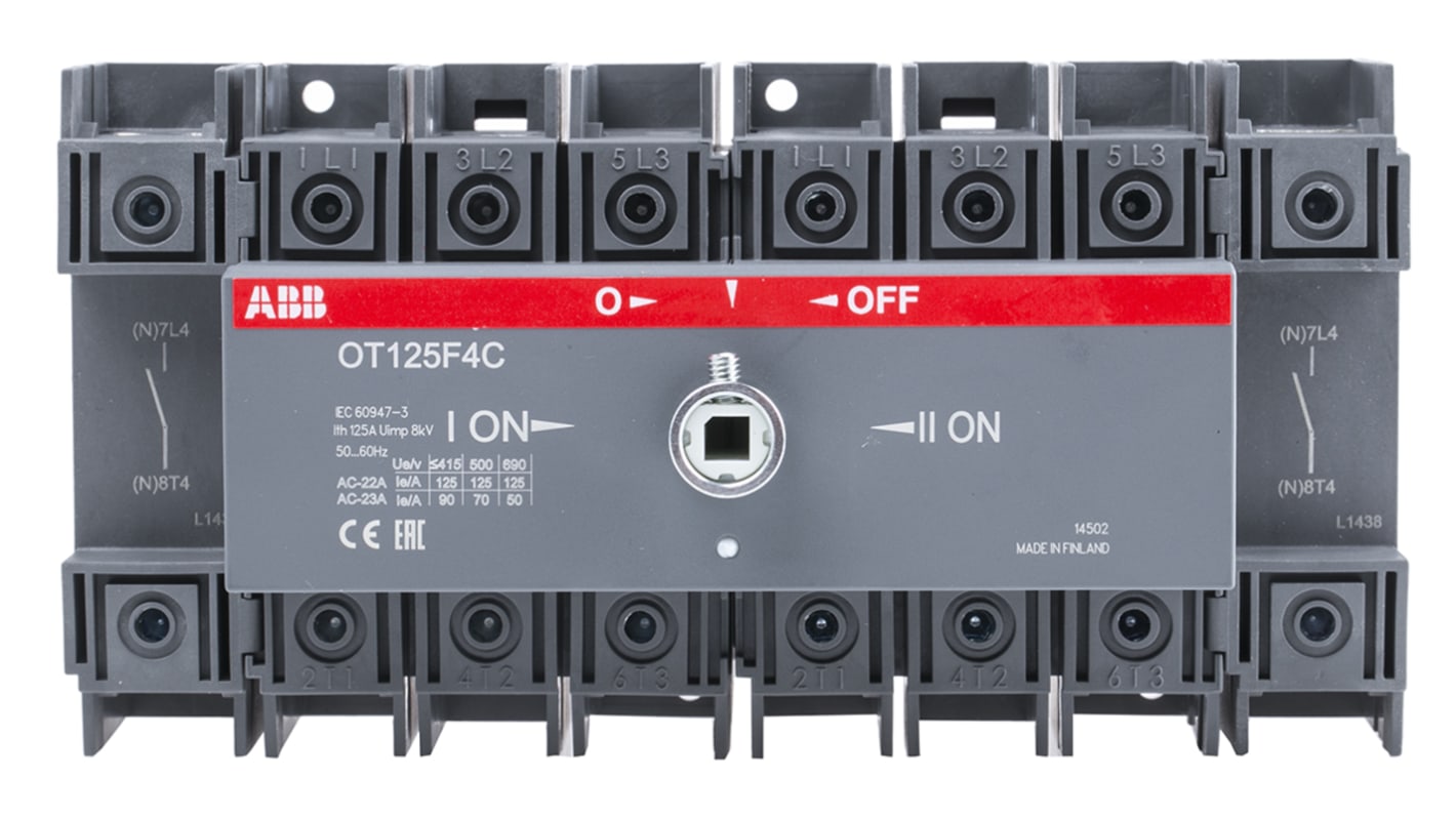 Interruttore di isolamento ABB OT125F4C, 4 poli, montaggio su guida DIN, corrente 125A, dimensioni 86x193x100mm.