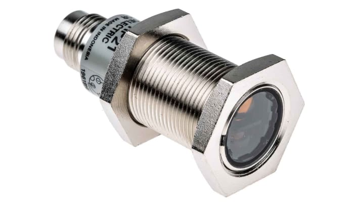 Omron E3FBRP21, sensore fotoelettrico cilindrico a retroriflessione, rilevamento 100 mm a 4 m, IP67/IP69K, 30V, 25 mA.