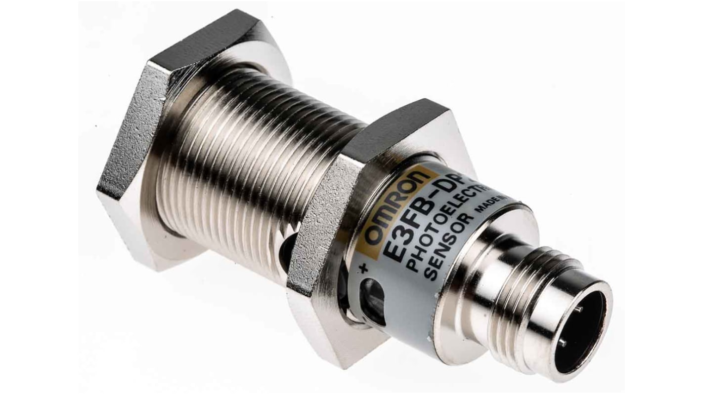 Sensore fotoelettrico cilindrico Omron E3FBDP22, rilevamento 300 mm, uscita PNP, grado di protezione IP67/IP69K.