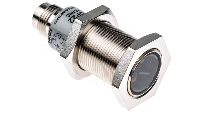 Sensore fotoelettrico cilindrico Omron E3FBDP22, rilevamento 300 mm, uscita PNP, grado di protezione IP67/IP69K.