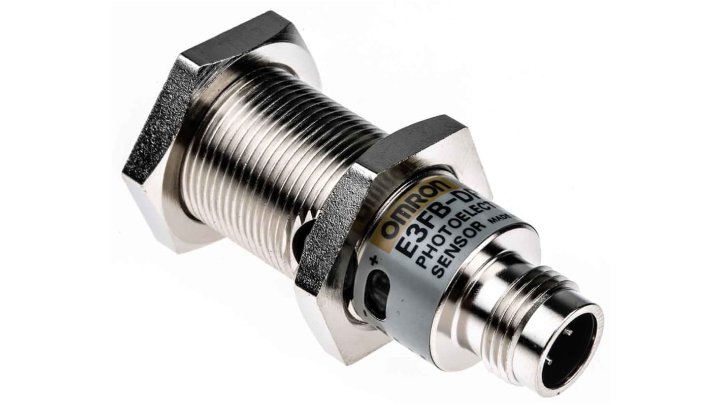 Sensore fotoelettrico cilindrico Omron E3FBDP23, rilevamento fino a 1 m, uscita PNP, connettore M12, grado di protezione IP67/IP69K.