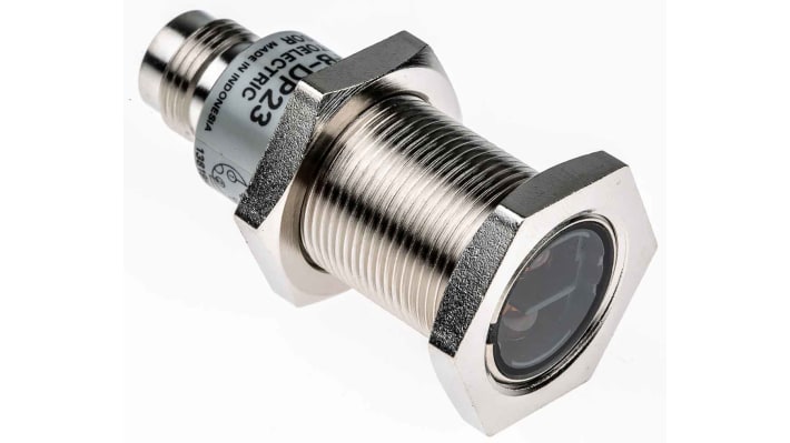 Sensore fotoelettrico cilindrico Omron E3FBDP23, rilevamento fino a 1 m, uscita PNP, connettore M12, grado di protezione IP67/IP69K.