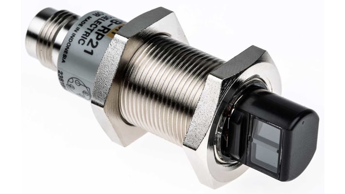 Omron E3RBRP21, sensore fotoelettrico cilindrico a retroriflessione, rilevamento 100 mm a 3 m, IP67/IP69K, connettore M12.