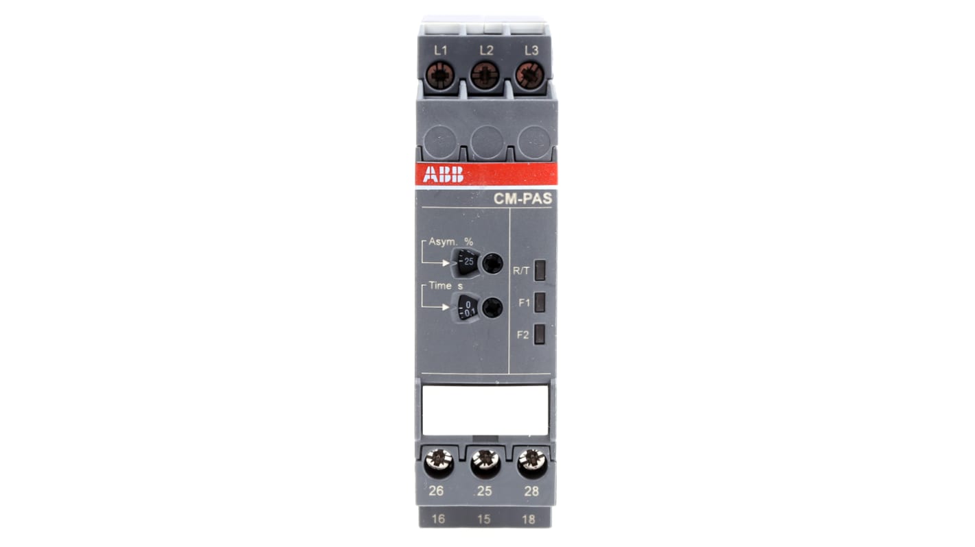 Relè di monitoraggio fase ABB CM-PAS, DPDT, tensione 300-500 V CA, montaggio su guida DIN, dimensioni 103.7 x 22.5 x 85.6 mm.