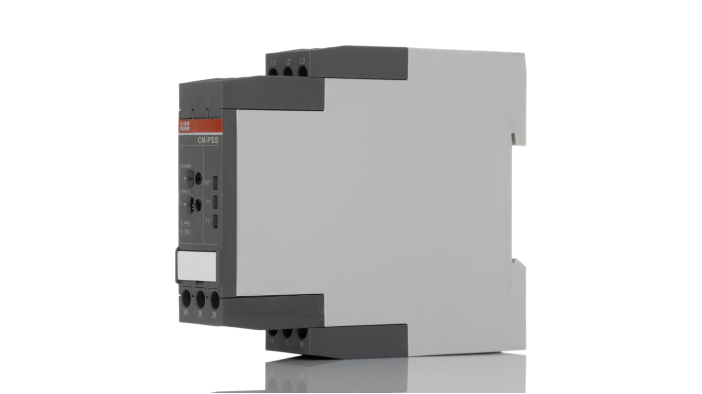 Relè di monitoraggio ABB CM-PSS.41S, DPDT, tensione 400 V CA, montaggio su guida DIN, dimensioni 103.7 x 22.5 x 85.6 mm.