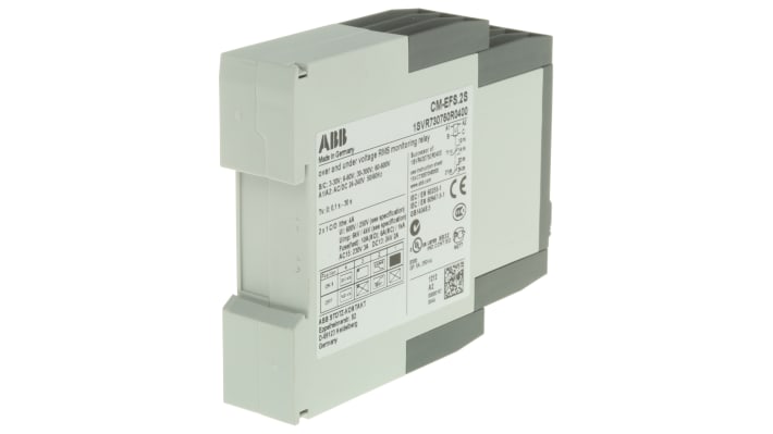 Relè di monitoraggio tensione ABB CM-EFS.2S, DPDT per guida DIN, tensioni 3-600 V, ritardo ON/OFF 0-30 s, dimensioni 103.7 x 22.5 x 85.6 mm.
