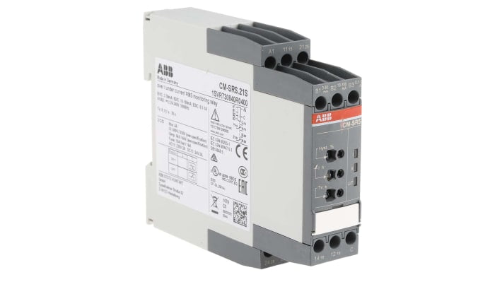 Relè di monitoraggio corrente ABB CM-SRS.21S, DPDT, per sovra/sottocorrente, montaggio su guida DIN, dimensioni 103,7 x 22,5 x 85,6 mm.