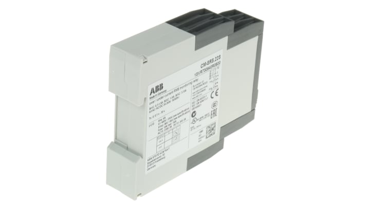 Relè di monitoraggio corrente ABB CM-SRS, monofase, DPDT, montaggio su guida DIN, dimensioni 103,7 x 22,5 x 85,6 mm.