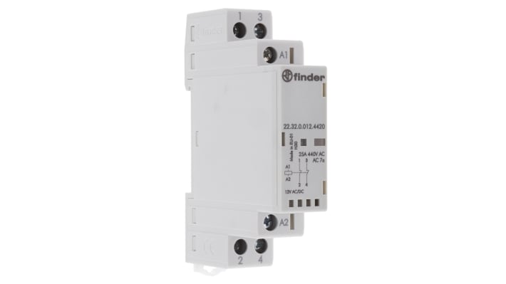 Contattore Finder 22.32.0.012.4420, 25 A, 2 poli, bobina 12 V c.c., dimensioni 17.5 mm x 84 mm x 60.8 mm.