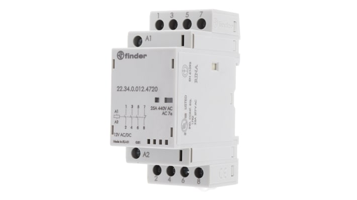 Contattore Finder 22.34.0.012.4720, 4 poli 3NO + 1NC, 25 A, tensione bobina 12 V c.c., dimensioni 35x35x60.8 mm.