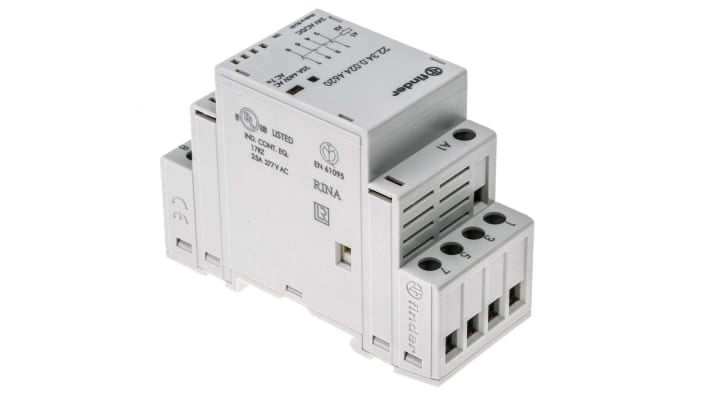 Finder 22.34.0.024.4620, contattore modulare 4 poli, 2 NO + 2 NC, 25 A, 24 V c.a., dimensioni 35x35x60.8 mm.