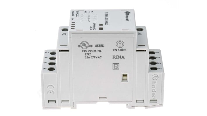 Finder 22.34.0.024.4620, contattore modulare 4 poli, 2 NO + 2 NC, 25 A, 24 V c.a., dimensioni 35x35x60.8 mm.