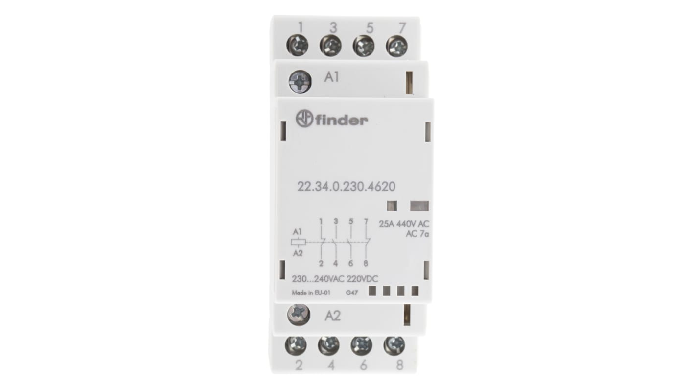 Finder 22.34.0.230.4620, contattore modulare 4 poli 25 A, 230 V c.a., dimensioni 35x35x60.8 mm, con indicatori LED.