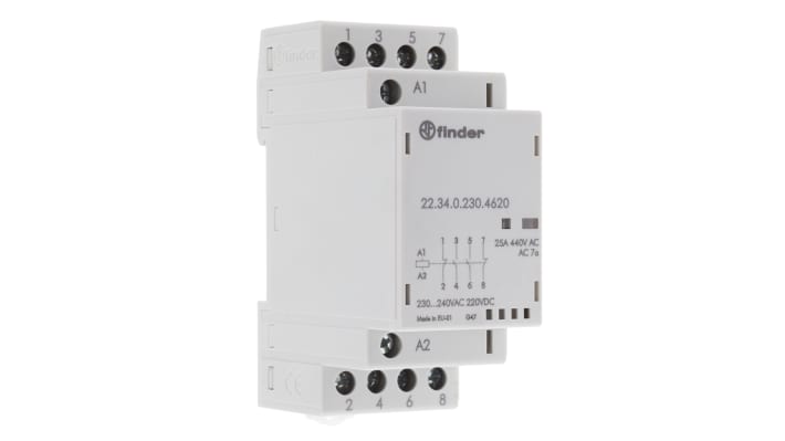 Finder 22.34.0.230.4620, contattore modulare 4 poli 25 A, 230 V c.a., dimensioni 35x35x60.8 mm, con indicatori LED.