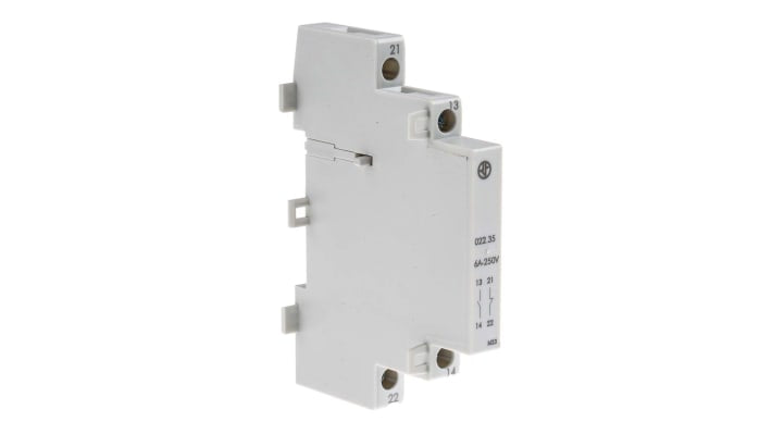 Finder 022.35, modulo contatti per guida DIN, 1 N/C + 1 N/A, corrente 6 A, tensione 230 V, montaggio su guida DIN.