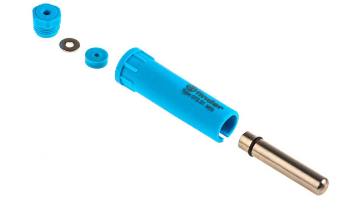 Finder 072.31, elettrodo verticale per monitoraggio liquidi conduttivi, montaggio su guida DIN, corpo in acciaio inox, gamma di sensibilità 5-150 kΩ.