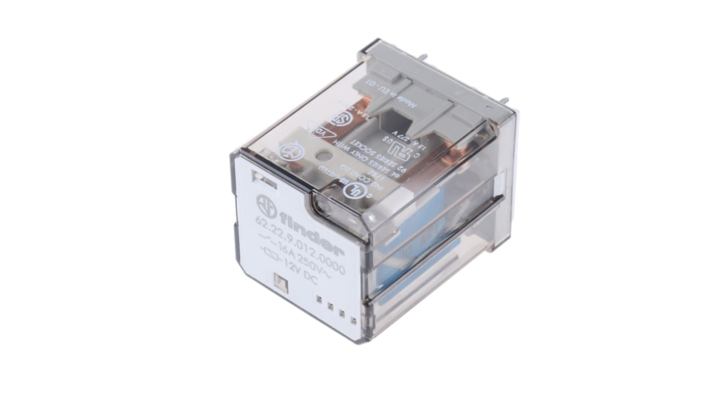 Relè di potenza Finder 62, DPDT, bobina 12V cc, montaggio su PCB, corrente 16A, dimensioni 38.2mm x 35.8mm x 49.1mm.
