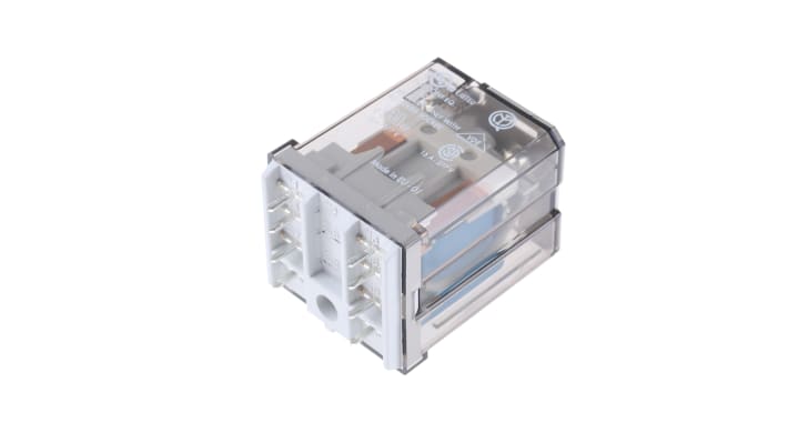 Relè di potenza Finder 62, DPDT, bobina 12V cc, montaggio su PCB, corrente 16A, dimensioni 38.2mm x 35.8mm x 49.1mm.