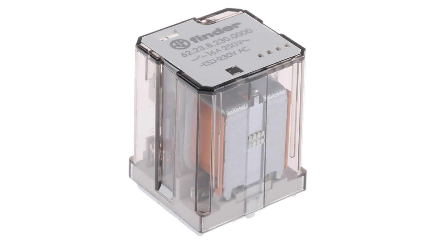 Finder 62.23.8.230.0000, relè di potenza 3PDT, bobina 230V, montaggio su PCB, dimensioni 38.2mm x 35.8mm x 49.1mm.
