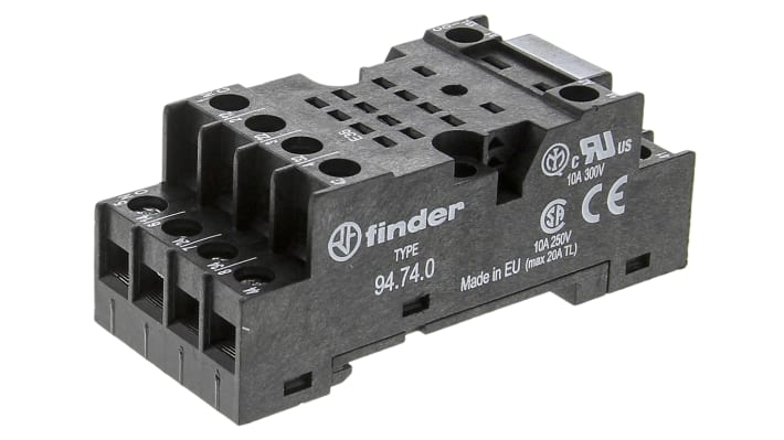 Finder 94.740SMA, zoccolo per relè serie 55.32 - 55.34 e temporizzatori 85.04, con connettori femmina e indicazione LED. Corrente nominale 10A, colore nero.