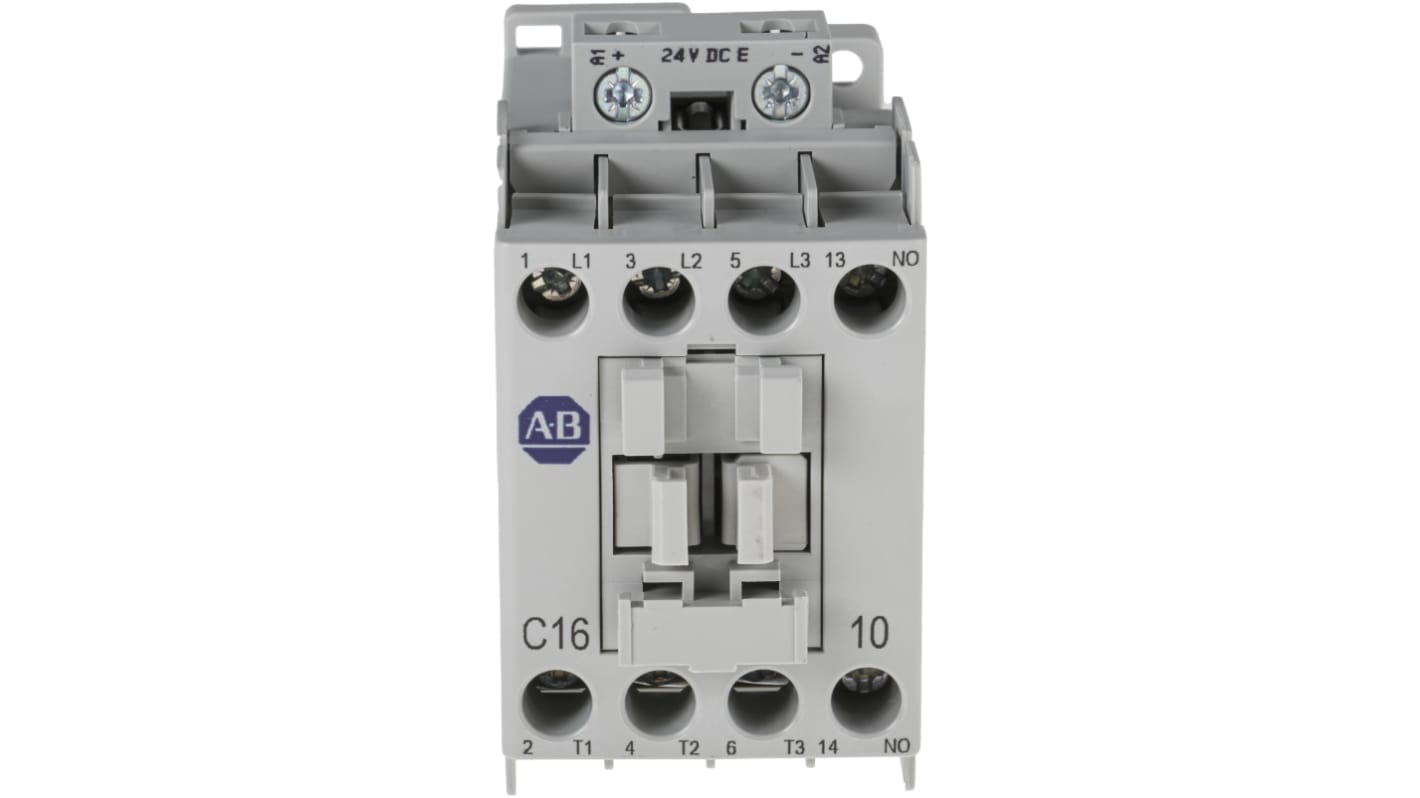 Contattore Allen Bradley 100-C16EJ10, 3 poli, 16A, 7,5 kW, bobina 24V c.c. per motori e carichi pesanti. Alta affidabilità e prestazioni.