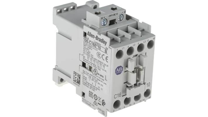 Contattore Allen Bradley 100-C16EJ10, 3 poli, 16A, 7,5 kW, bobina 24V c.c. per motori e carichi pesanti. Alta affidabilità e prestazioni.