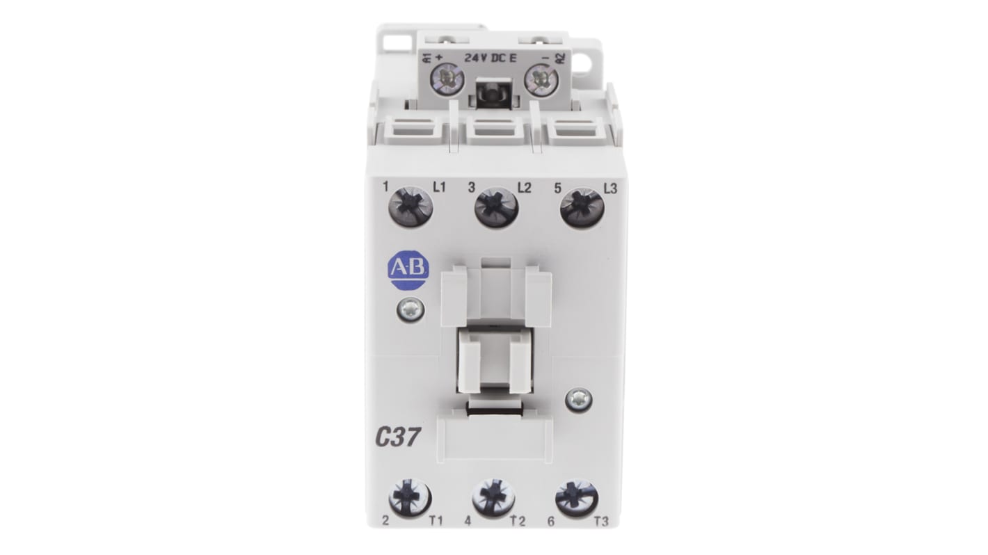 Contattore Allen Bradley 100-C37EJ00, 3 poli, 18,5 kW, 37A, coil 24V c.c. per controllo motori industriali. Alta efficienza e affidabilità.