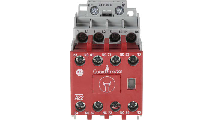 Contattore 3 poli Allen Bradley 100S-C09EJ23C, 9 A, 24 V c.c., dimensioni 45x81x125.5 mm, colore rosso per identificazione.