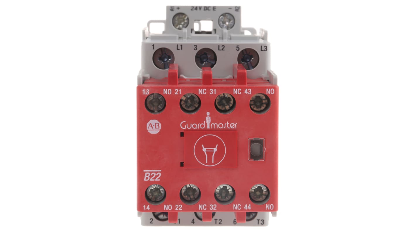 Contattore 3 poli Allen Bradley 100S-C37EJ22C, 37 A, 24 V c.c., dimensioni 81x45x143 mm, contenitore rosso, conforme a IEC 947-5-1.