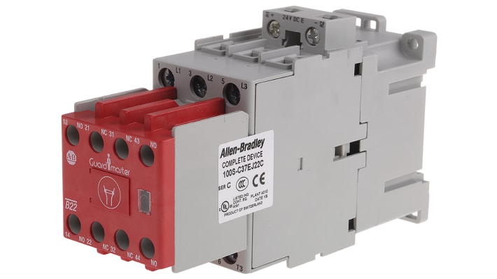 Contattore 3 poli Allen Bradley 100S-C37EJ22C, 37 A, 24 V c.c., dimensioni 81x45x143 mm, contenitore rosso, conforme a IEC 947-5-1.