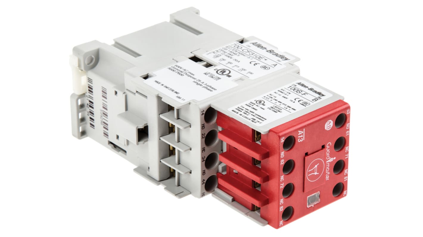 Contattore Allen Bradley 700S-CF440EJC, 8 poli, 25 A, bobina 24 V c.c., montaggio su guida DIN, dimensioni 81 x 45 x 125,5 mm.