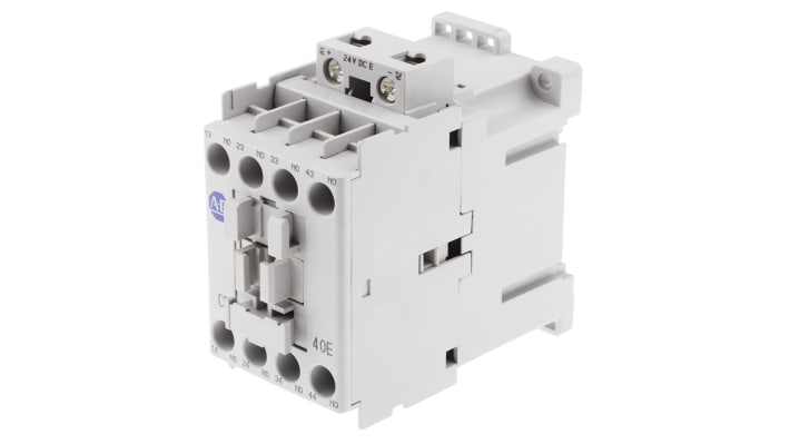 Contattore Allen Bradley 700-CF400EJ, 4 poli, 25 A, bobina 24 V c.c., montaggio su guida DIN, dimensioni 80.5 x 45 x 81 mm.